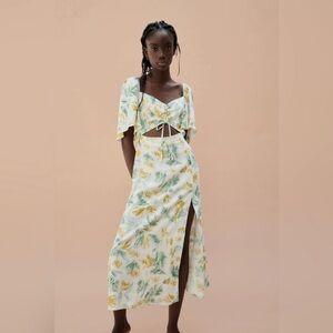Zara floral linen midi dress with cutout, NWOT